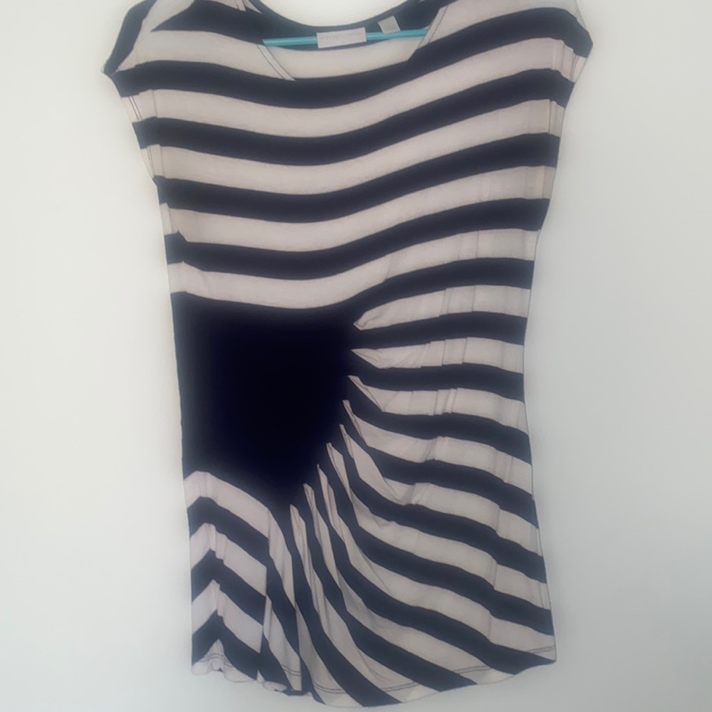 New York and Company Navy Blue and White Stripe Cupped Sleeve T-Shirt